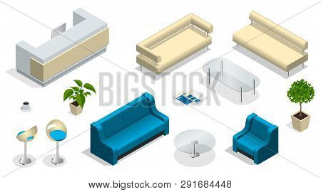 Isometric Set Of Modern Office Furniture. Modern Office Interior With A Reception Desk. Furniture, O