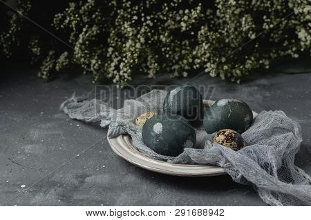 Spring Easter Minimal Background Rustic Style Composition - Organic Naturally Dyed Easter Eggs