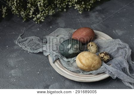 Spring Easter Minimal Background Rustic Style Composition - Organic Naturally Dyed Easter Eggs