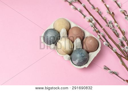 Spring Easter Minimal Background Rustic Style Composition - Organic Naturally Dyed Easter Eggs