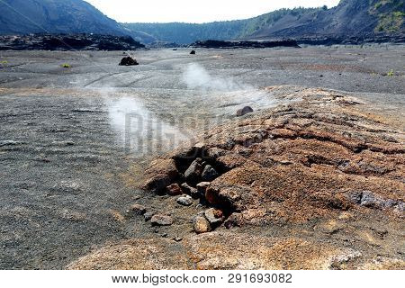 Steaming Vents On The Kilauea Iki Volcano Crater Surface With Crumbling Lava Rocks In Volcanoes Nati