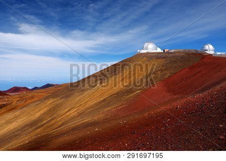 Observatories On Top Of Mauna Kea Mountain Peak. Astronomical Research Facilities And Large Telescop