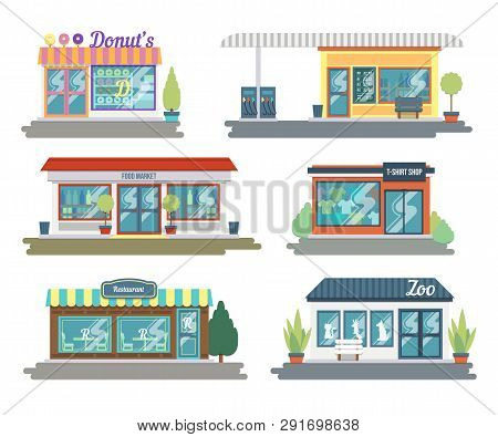 Set Of Vector Flat Design Restaurants And Shops Facade Icons. Includes Shop Of Donuts And Sweets, Cl
