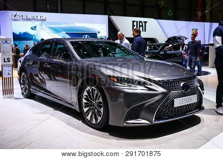 Geneva, Switzerland - March 11, 2019: Motor Car Lexus Ls500h Presented At The Annual Geneva Internat