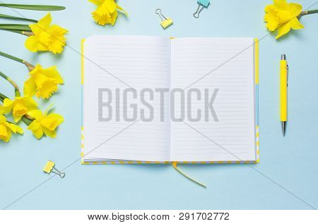 Open Blank Notebook, Pen, Clips, Spring Flowers Daffodils Narcissus On Blue Background. Female Deskt