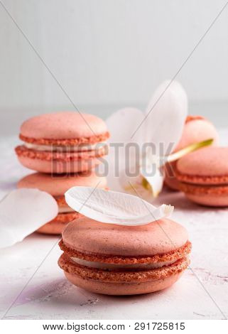 Selective Focus Of Pink Dessert With White Petals On Texutured Background