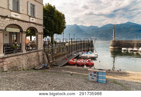 Luino, Varese, Italy - September 10, 2018: Luino, A Small Tourist Town Near The Border With Switzerl