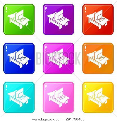 Double Office Table Icons Set 9 Color Collection Isolated On White For Any Design