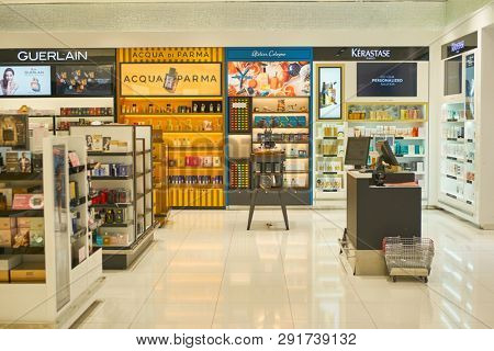 DUBAI, UAE - CIRCA FEBRUARY, 2019: perfumes and cosmetics products on display at Dubai International Airport.
