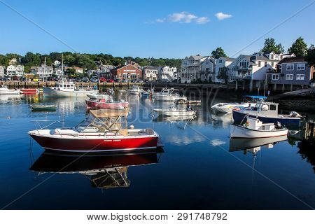 ROCKPORT, MASSACHUSSETTS, USA - AUGUST 08, 2014: A view of Rockport Harbor with boats in nice Summer day.