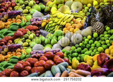A Colorful Fruit Market In Puntarenas,costa Rica,central America Displaying A Variety Of Items.