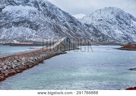 Travelling Ideas. Renowned And Unique Fredvang Bridges At Lofoten Islands In Winter Time In Norway. 