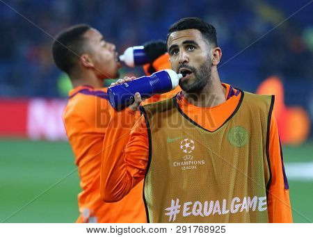 Kharkiv, Ukraine - October 23, 2018: Riyad Mahrez Of Manchester City Drinks Water During Training Se