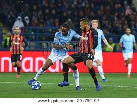 Kharkiv, Ukraine - October 23, 2018: Raheem Sterling Of Manchester City (l) Fights For A Ball With M