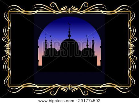 Golden Decorative Frame And Silhouette Mosque At In The Evening Or Before Dawn, View Through The Arc