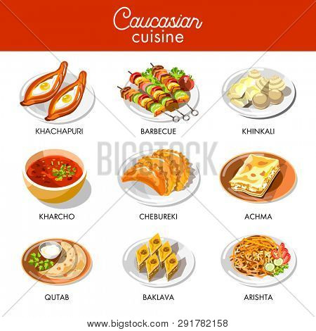 Caucasian or Georgian cuisine menu  flat icons set