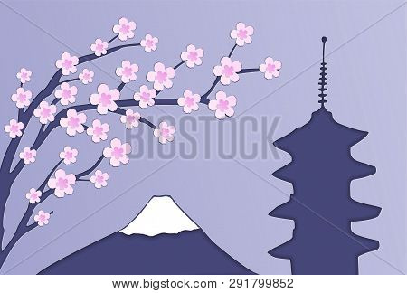 Beautiful Pink Sakura Tree With Blooming Flowers  And Fudjy Mountain And Pagoda On Purple Background