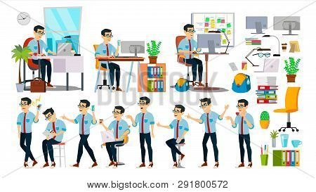 Business Man Character . Working Asian People Set. Office, Creative Studio. Asiatic. Business Situat