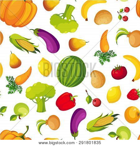 Colorful Farm Fresh Fruit And Vegetables Seamless Pattern, Healthy Food Vector Illustration