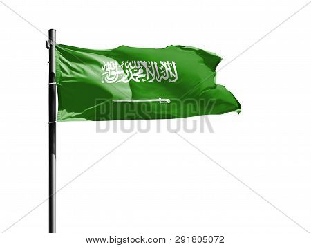 National Flag Of Saudi Arabia On A Flagpole Isolated On White Background