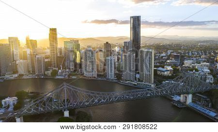 Brisbane, Australia - February 22 2019: Colourful Sunset Over Brisbane Cityscape, Aerial View With T