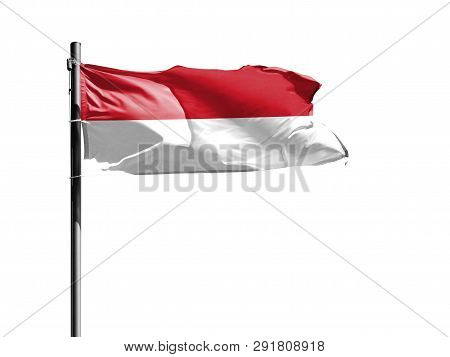 National Flag Of Indonesia On A Flagpole Isolated On White Background