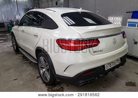 Novosibirsk, Russia - 08.01.18: Rear View Of Luxury Very Expensive New White Mercedes-benz Gle Coupe