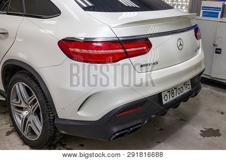 Novosibirsk, Russia - 08.01.18: Rear View Of Luxury Very Expensive New White Mercedes-benz Gle Coupe