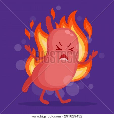 Stomach Heartburn Cartoon Character In Flat Design. Epigastric Burning Concept Vector Illustration.