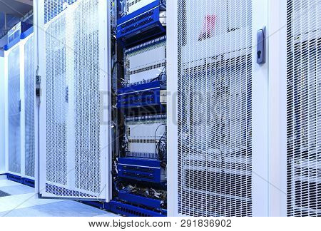Telecommunication Equipment With Many Cables, Switches And Air Conditioners In A Modern Communicatio