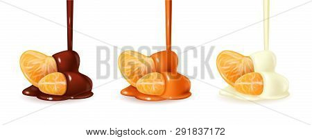 Tangerine Slices In Pouring Melted Chocolate Glaze. Mandarin Peeled Segments Covered With Liquid Dar
