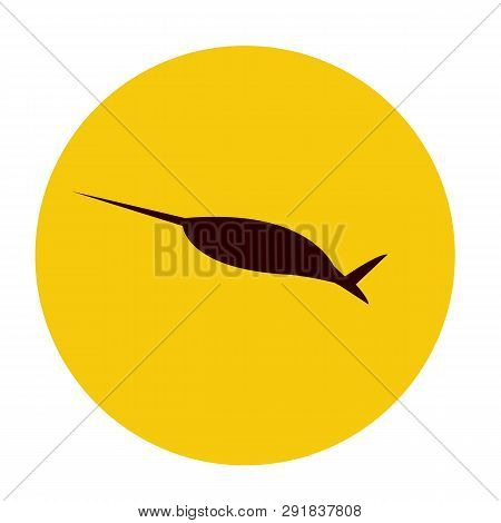 Dark Silhouette Of A Fish Needle With A Pointed Nose Against The Background Of An Orange Sunset Sun 