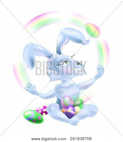 The Blue Rabbit Sits And Juggles Easter Eggs. Happy Easter.