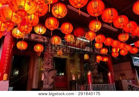 Nantou, Puli, Taiwan - FEB 8th, 2019: red lanterm hang on the traditional temple