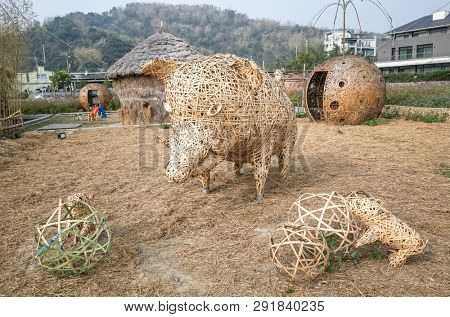 Nantou, Jiji, Taiwan - FEB 27th, 2019: rattan art structure building on the ground at Heping Happy Farm