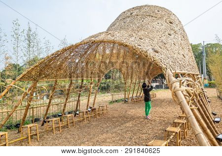 Nantou, Jiji, Taiwan - FEB 27th, 2019: rattan art structure building on the ground at Heping Happy Farm