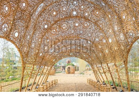 Nantou, Jiji, Taiwan - FEB 27th, 2019: rattan art structure building on the ground at Heping Happy Farm