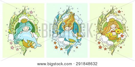 Little Kawaii Princess Mermaids, Dolphins, Fish. Set Of Postacards. Under The Sea. Siren, Surrounded