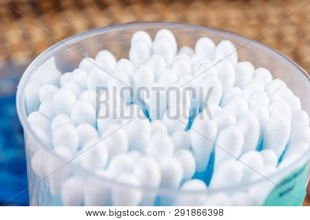 Closeup Macro On Ear Cleaning Sticks In The Box. Ear Hygene With Ear Sticks. Medical And Healthcare