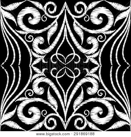 Tapestry Floral Vintage Seamless Pattern. Black And White Monoch