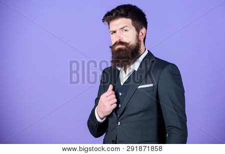 Businessman Fashionable Outfit Stand Violet Background. Man Bearded Hipster Wear Classic Suit Outfit