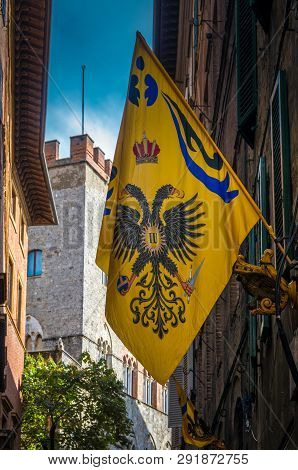 Contrade Aquila - Eagle Flag Hanging On The Narrows Streets In The Old City Center Of Siena