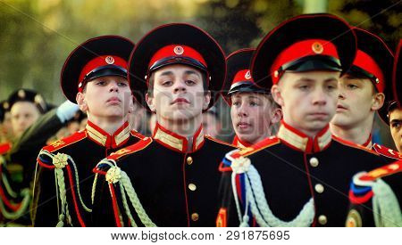 Barnaul,russia - May 7, 2015.russian Cadets In Uniform Marching On Parade