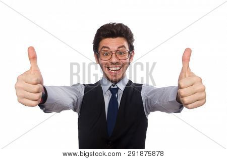 Young businessman in funny concept on white