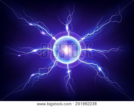 Electric Plasma Lightning Thunderball Discharge On Dark Background. Realistic Vector Illustration