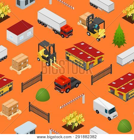 Warehouse Concept Seamless Pattern Background 3d Isometric View. Vector