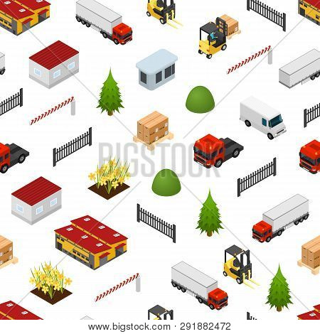 Warehouse Concept Seamless Pattern Background 3d Isometric View. Vector