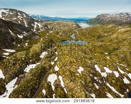Aerial View. Road And Lakes In Mountains Norway