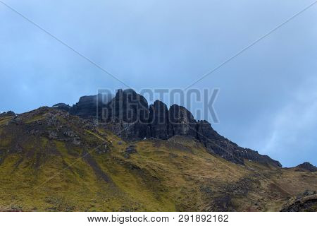 The landscape around the Old Man of Storr and the Storr cliffs, the famous attraction in Isle of Skye, Scotland, United Kingdom