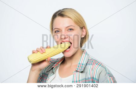 Farm On. Farming, Farmer Girl With Maize. Corn Crop. Vitamin And Dieting Food. Happy Woman Eating Co